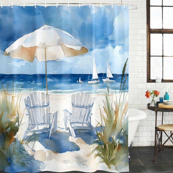 Coastal Sea Wave Blue Bathroom Shower Curtains with 12 Hooks Polyester Waterproof Shower Curtain for Stalls and Bathtubs Nautical Ocean Beach Plant Decorative Bathroom Privacy Curtain 66x72 Inches