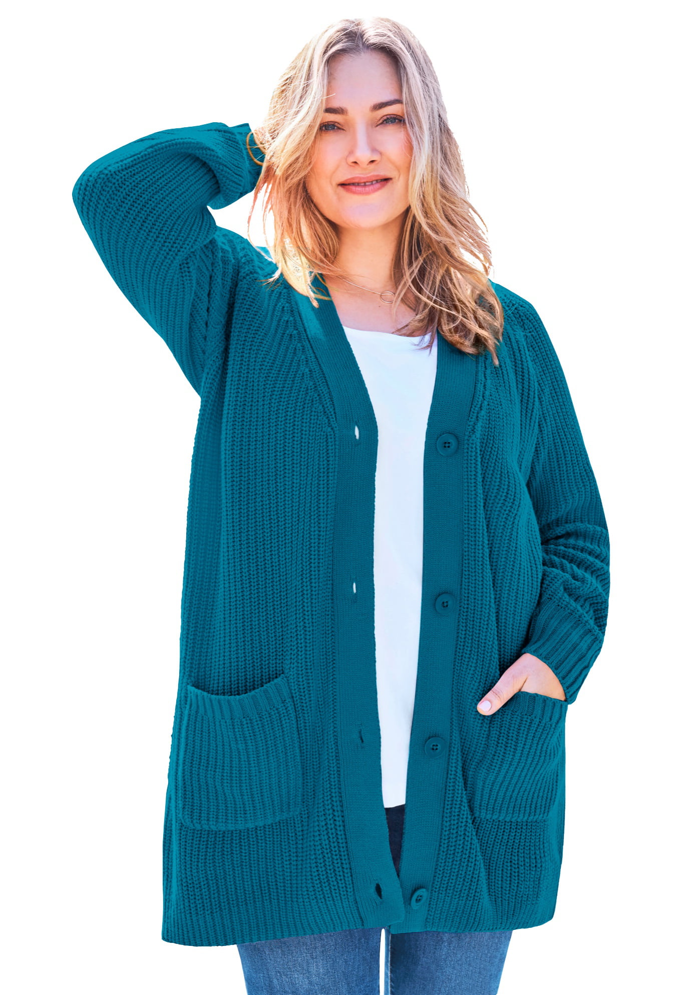 Woman Within Women's Plus Size Long-Sleeve Shaker Cardigan Sweater 