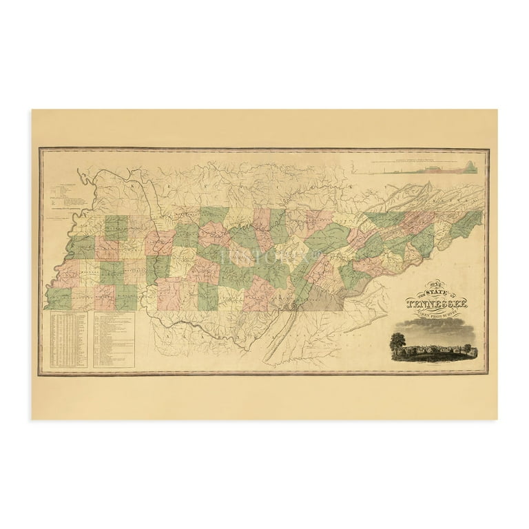 Vintage 1832 Tennessee State Map Print – 24x36 Inch Historical Wall Art, Ready To Frame