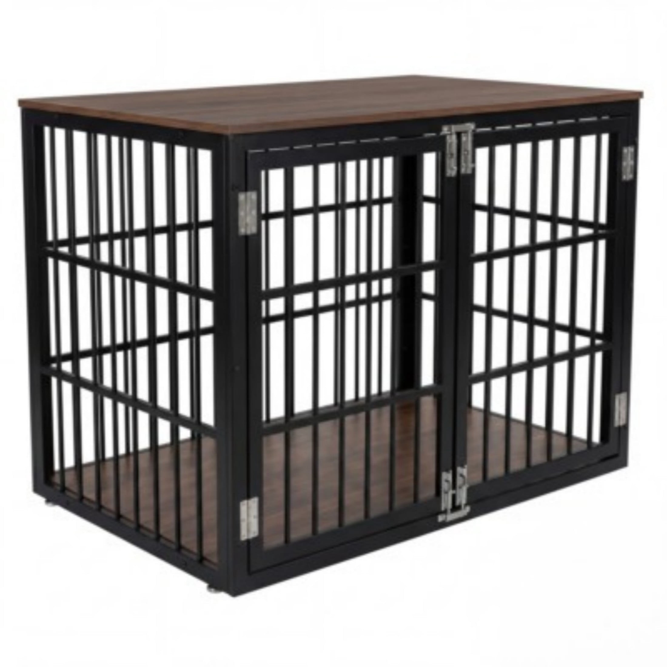 SHOUFTW 4-Panel Dog Crate Furniture, Iron Wood Dog Cage, Heavy Duty Pet Kennel, Particle Board Top & Metal Frame, Black Rust