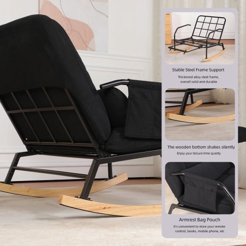 Oversized Corduroy Nursery Glider Rocker Recliner, Pull-Out Footrest, Adjustable Backrest, Black