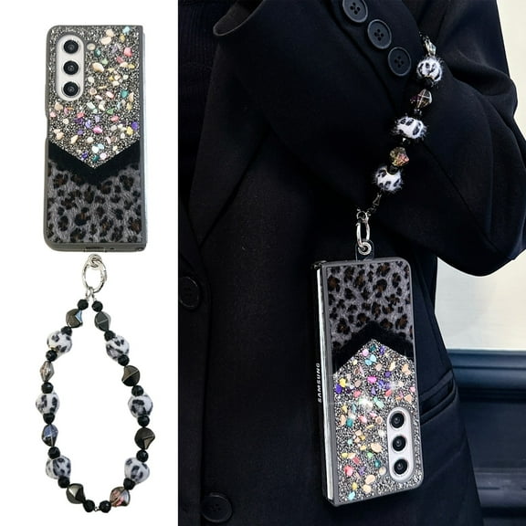 ELEHOLD for Samsung Galaxy Z Fold 5 Case, Women Girl Slim Hard PC Glitter Leopard Pattern Design Shock-Absorbent Protective Case with Lanyard for Samsung Galaxy Z Fold 5,Black