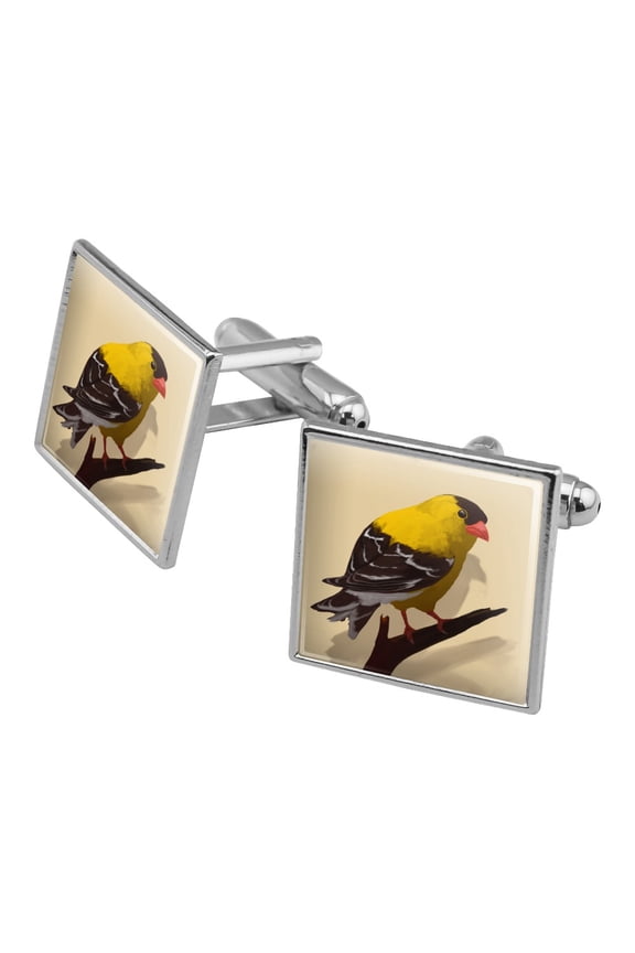 Goldfinch Bird on Tree Limb Square Cufflink Set - Silver or Gold