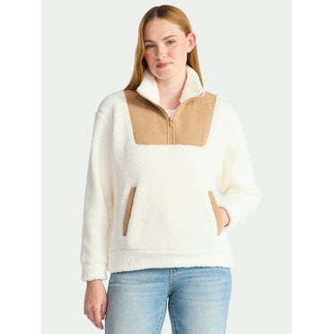 Time and Tru Women's Plush Fleece Quarter Zip Jacket with Corduroy Trim, Lightweight, Sizes XS-XXXL