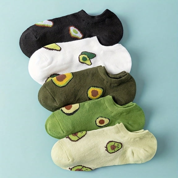5 Pairs Of Avocado Print Socks, Soft And Lightweight Low-Cut Socks, Perfect For Daily Travel, Party, Leisure Women's Socks.