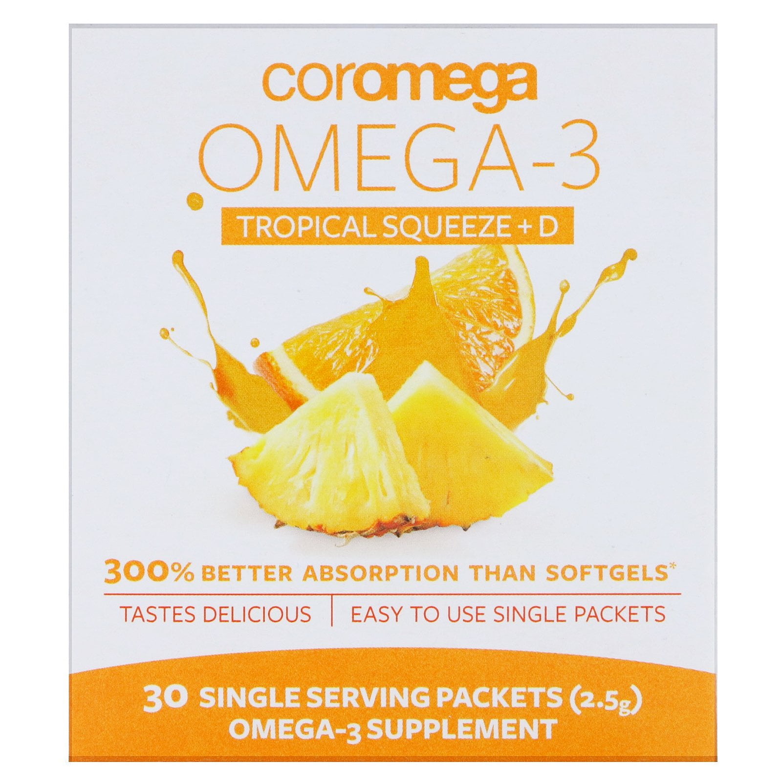 Coromega Omega3 Squeeze + Vit D, Tropical Orange, 30 Single Serving