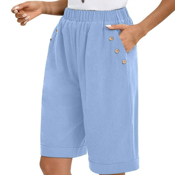 TRUBKH shorts for women athletic shorts for women cotton shorts for woman womens shorts casual bermuda shorts for women Cotton And Linen Casual Elastic Waist Mid Sleeved Shorts Blue L