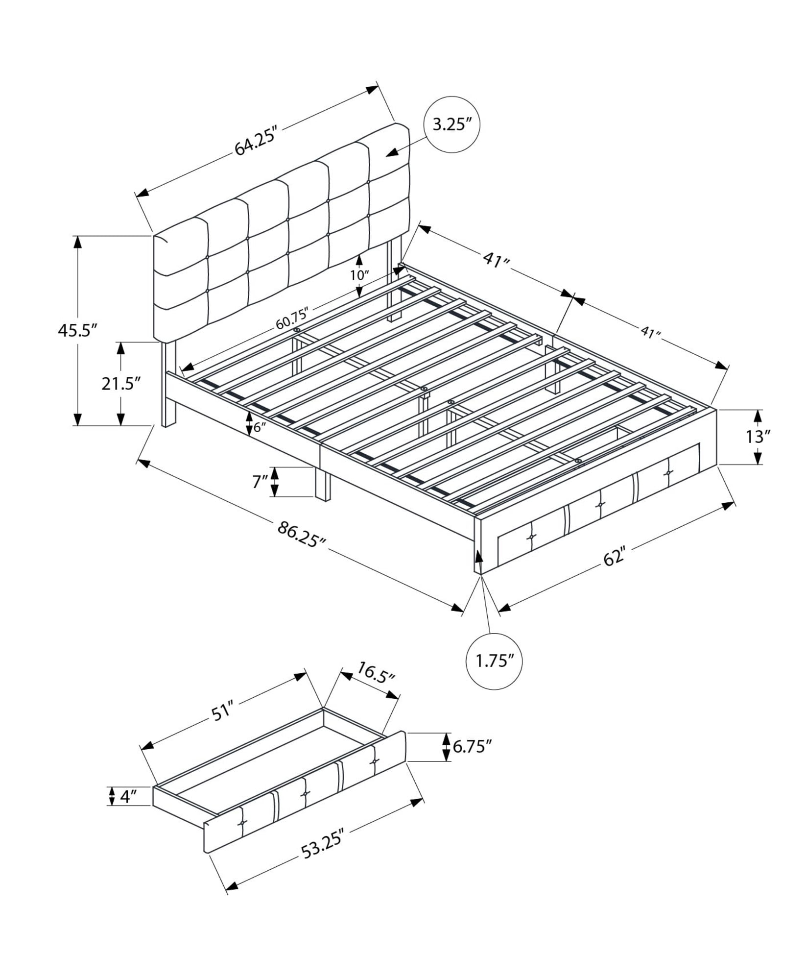 Monarch Specialties - I 5900Q Bed, Queen Size, Upholstered, Frame Only, Bedroom, Grey Linen Look