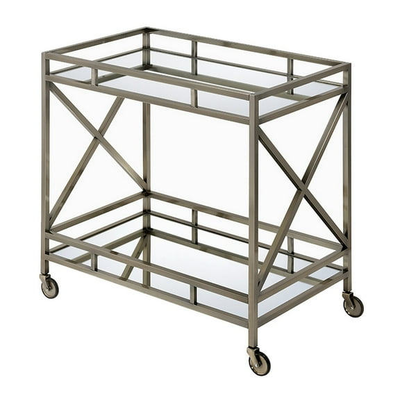Metal Framed Two Tier Serving Cart with X Shaped Side Panels, Silver and Clear