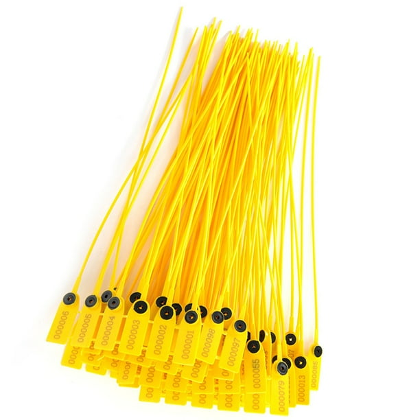 Sello de seguridad de plástico, paquete amarillo de 100 piezas Etiqueta de transporte Bridas para cables Sello de plástico Rendimiento probado