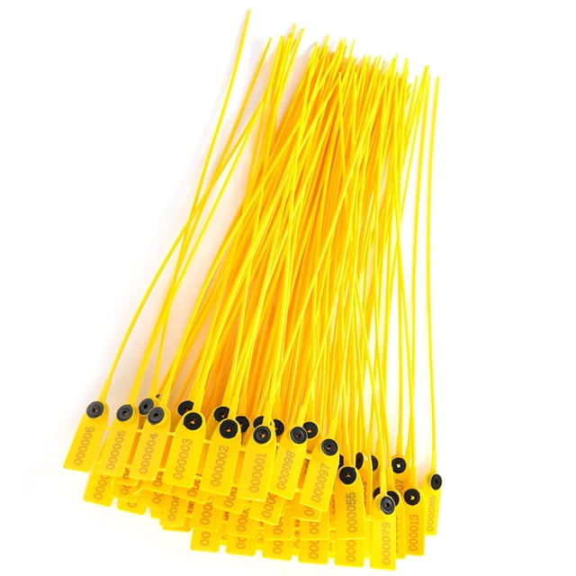 Sello de seguridad de plástico, paquete amarillo de 100 piezas Etiqueta de transporte Bridas para cables Sello de plástico Rendimiento probado