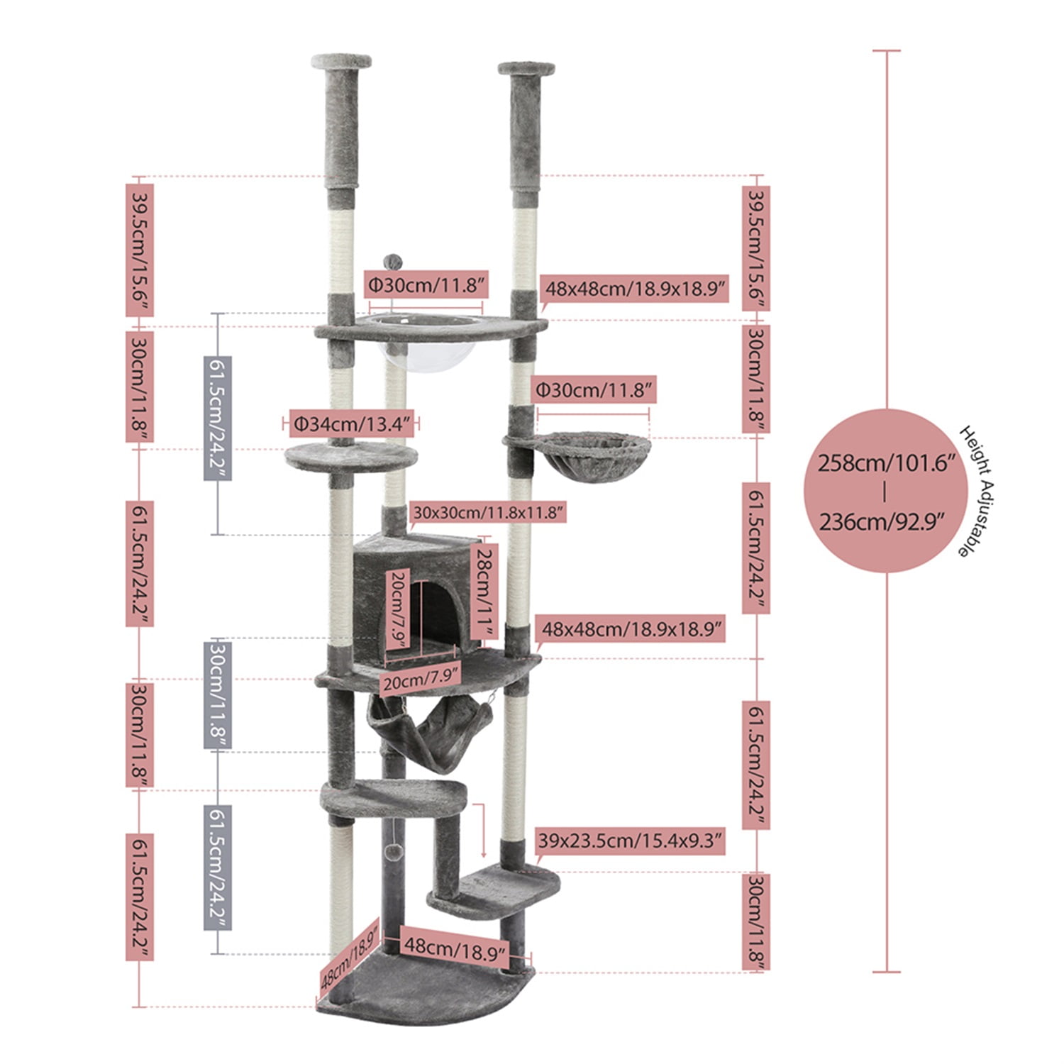 Pefilos Stable Adjustable (92-101)" Cat Tree for Indoor Cats Tall Cat Climbing Tree Cat Tower for LargeCats with Perches Multi-Level Cat Furniture Condo for Multiple Cats, Gray Pefilos Stable Adjustable (92-101)" Cat Tree for Indoor Cats Tall Cat Climbing Tree Cat Tower for LargeCats with Perches Multi-Level Cat Furniture Condo for Multiple Cats, Gray