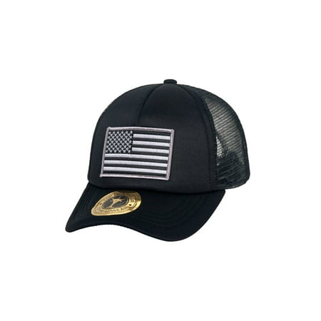 USA Flag Curve Bill Trucker Mesh Hat, Black