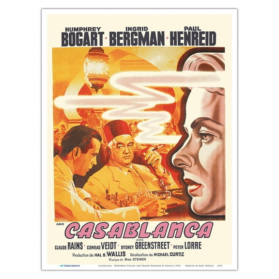 Casablanca - Staring Humphrey Bogart and Ingrid Bergman - Vintage French Film Movie Poster by Pierre Pigeot c.1942 - Master Art Print (Unframed) 9in x 12in