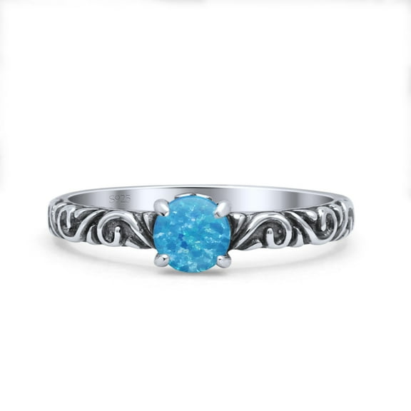 Vintage Style Oxidized Round Lab Created Blue Opal Ring Band 925 Sterling Silver Size 4