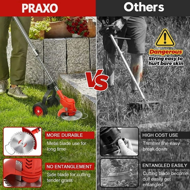 PRAXO Cordless Weed Wacker 3 in 1 Brush Cutter Grass Trimmer with Upgraded Wheels 24V Electric Weed Eater 2000mAh Battery Powered Electric Weed