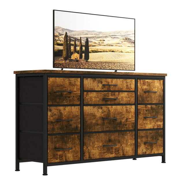 Commode Grand à 10 Tiroirs avec Prise de Courant - Meuble Télé de 55 Pouces - Cadre Métallique Robuste - Rangement pour Chambre, Garde-Robe, Entrée, Chambre d'Enfants - Tiroirs en Tissu, Dessus en Bois - Rayures Tigre