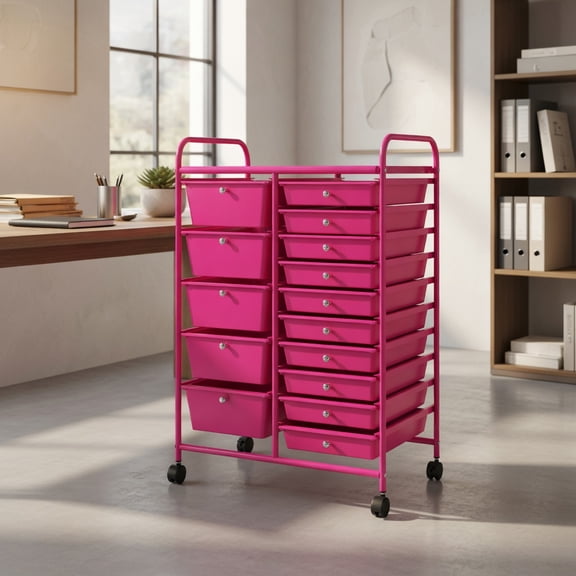 Topcobe 15-Drawer Utility Rolling Organizer Cart MultiUse Storage, Rolling Carts with Wheels for Kitchen, Living Room, Pink