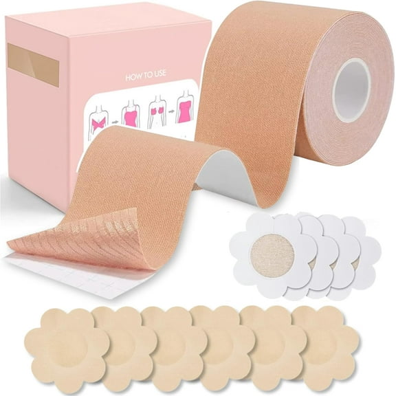 Breast Tape Adhesive Bra Push Up, Boobiape for Large Breasts, Breast Tightening Band Bra with 5 Pairs of Disposable Pads and 36 Fashion Tape, Adhesive Bra Push Up Breast Tape Cover for
