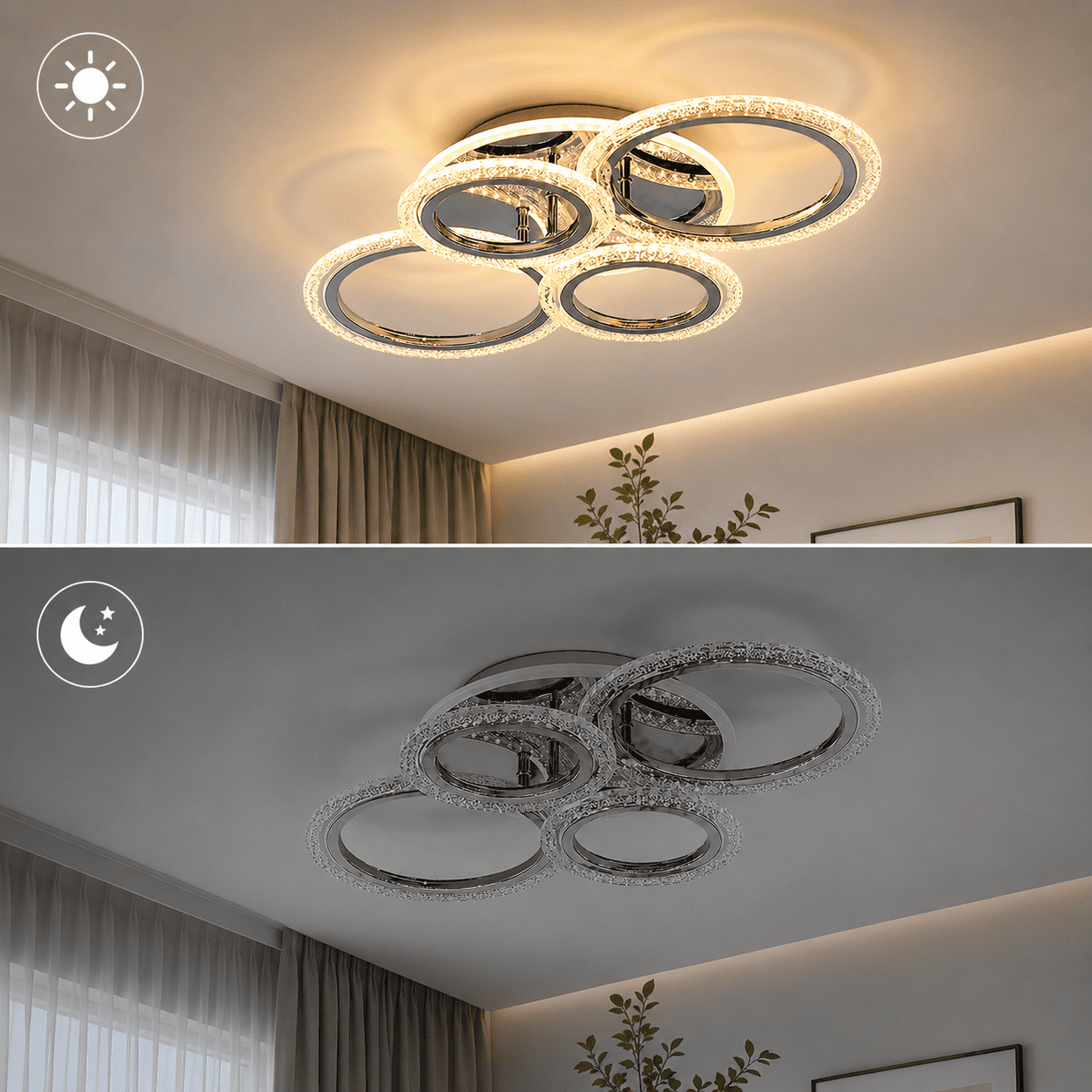 Garwarm Chrome 6-Ring LED Ceiling Light, Modern Dimmable 3000K-6500K Flush Mount Ceiling Light with Remote, Acrylic Ring Ceiling Lamp Fixture for Living Room, Dining Room, Bedroom