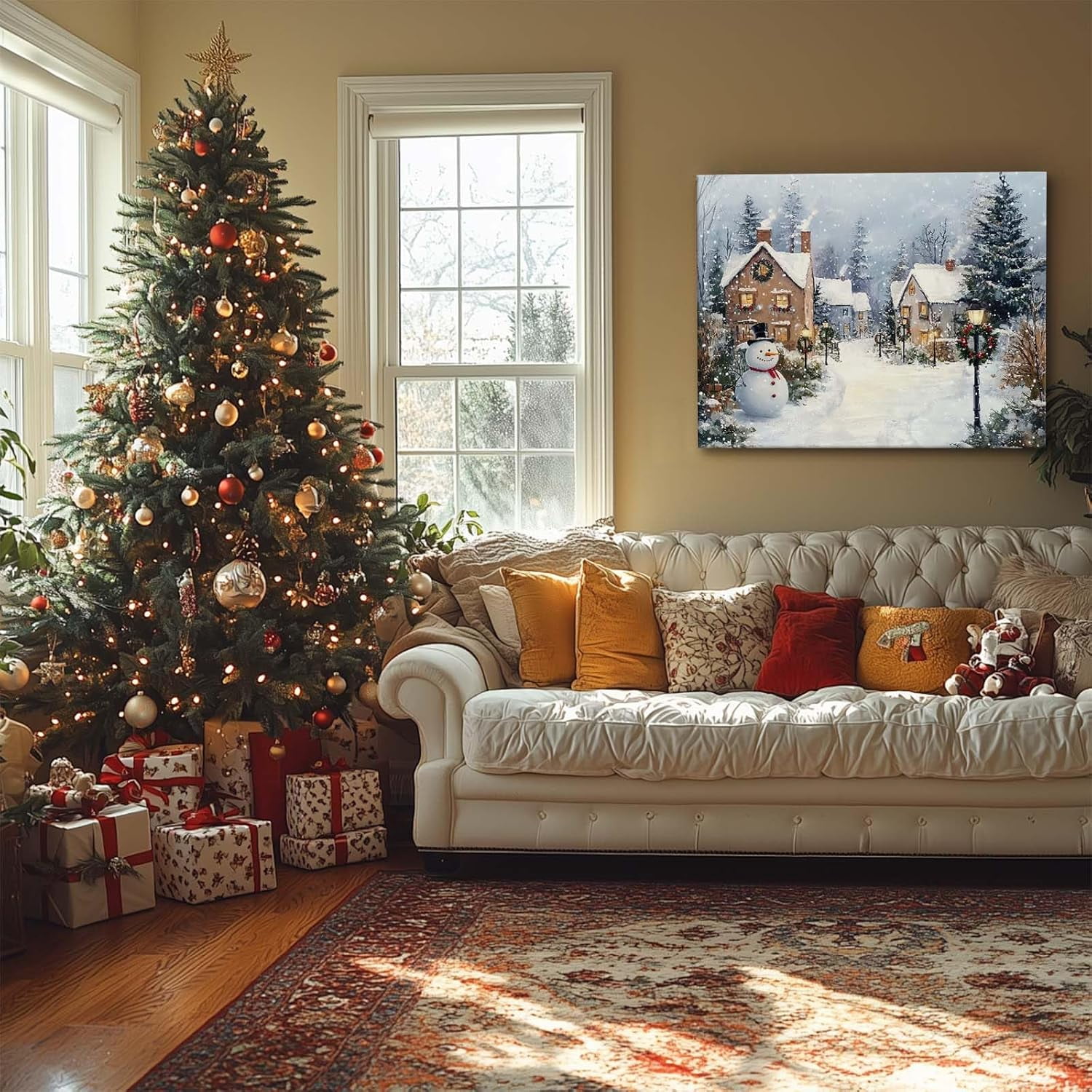 Christmas Canvas Wall Art Decor with Chimneys, Smoke, Street Lamps with Wreaths, Snowmen and Snow Piles, Festive Canvas Print for Room, Holiday-Themed Fixed Canvas for Winter Home Décor,11x14 inch
