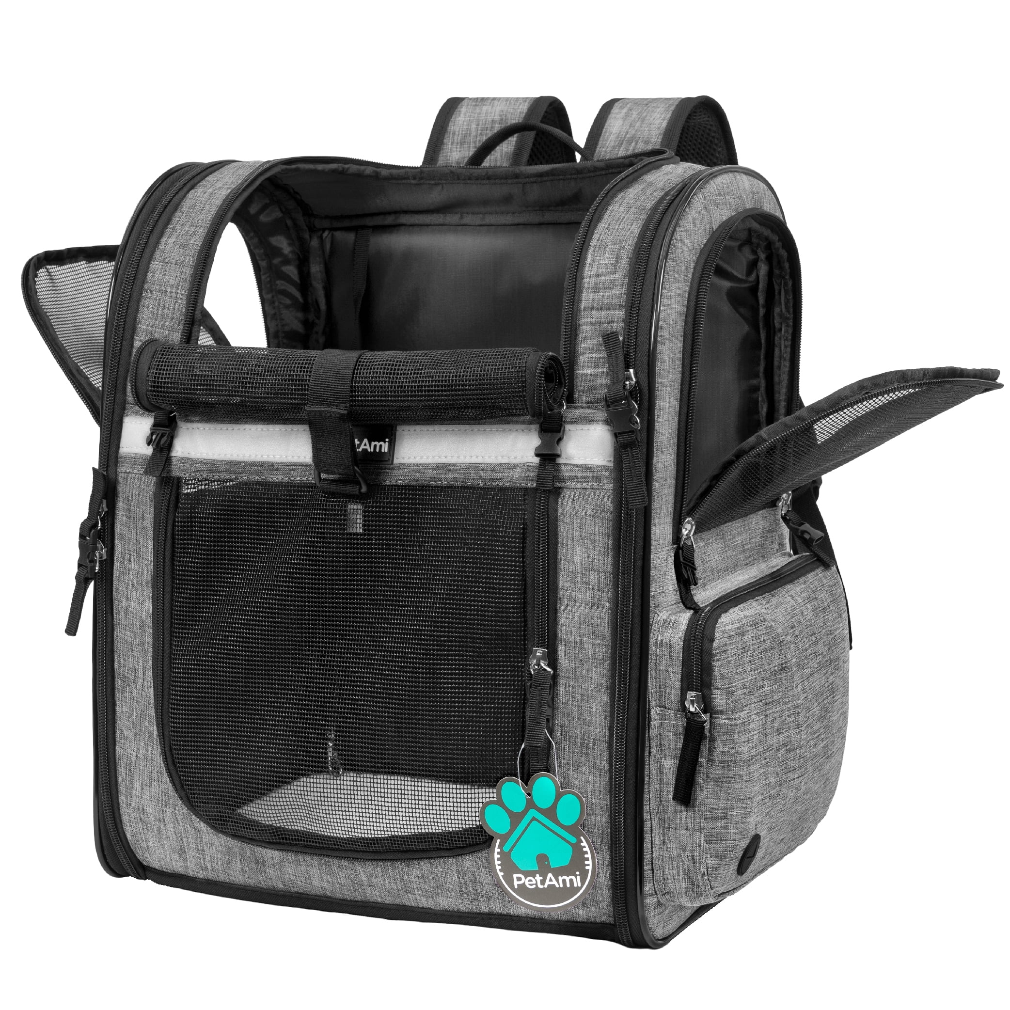 PetAmi Dog Backpack Carrier For Small Large Cat, Pet, Puppies, Ventilated Pet Hiking Backpack Travel Bag, Airline Approved Cat Backpack Carrier, Safety Back Support, Camping Biking, Max 18 lbs, Grey