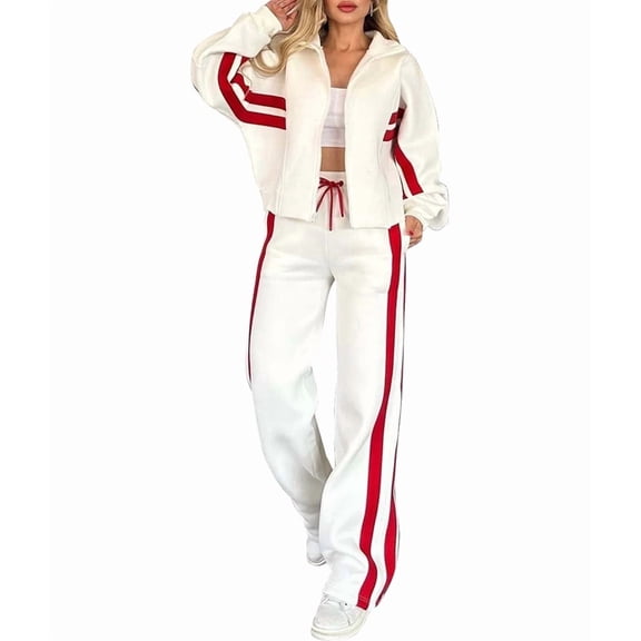 Womens Fall Sweatsuit 2 Peice Outfits Zip Up Striped Y2K Jacket Wide Leg Pants Matching Tracksuit Set White XXXL