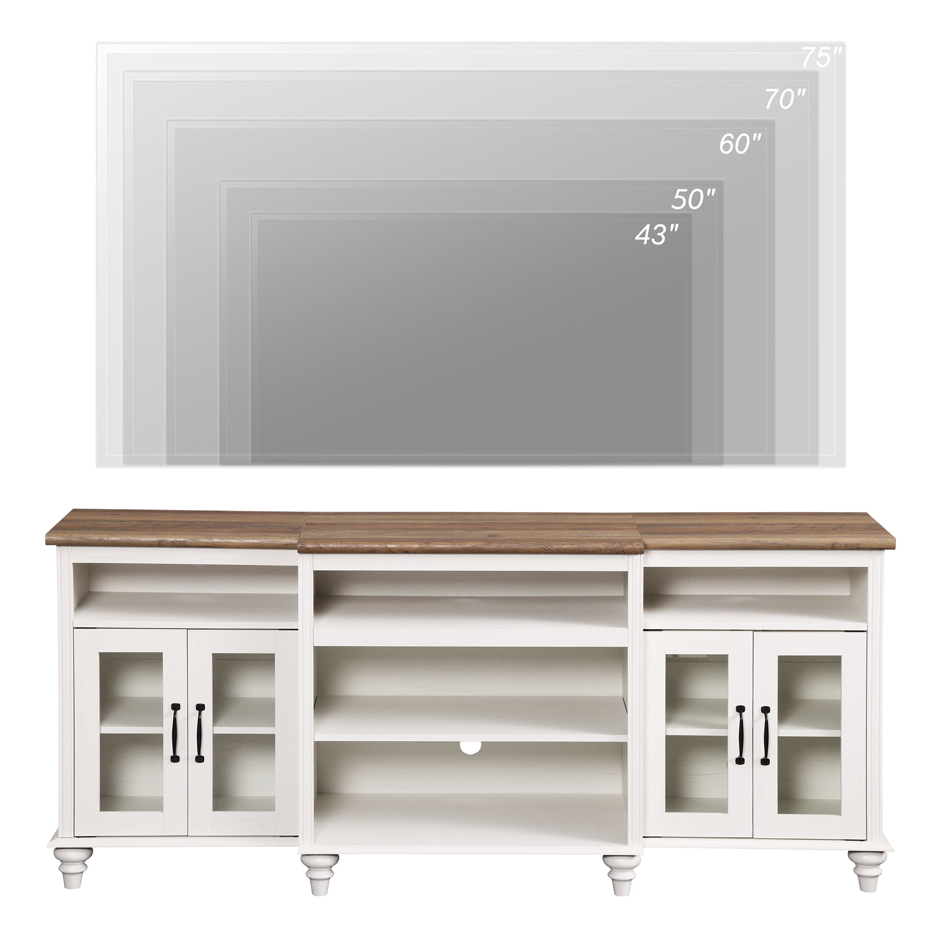 Antique White Farmhouse TV Stand with 4 Glass Doors for TVs up to 75", Highboy Entertainment Center with 9 Storage Compartments, 70" Wooden TV Console for Living Room or Bedroom