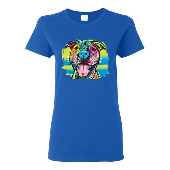 Cute Happy Smiling Dog Rainbow Pitbull Dog Lover Womens Graphic T-Shirt, Royal, 3XL