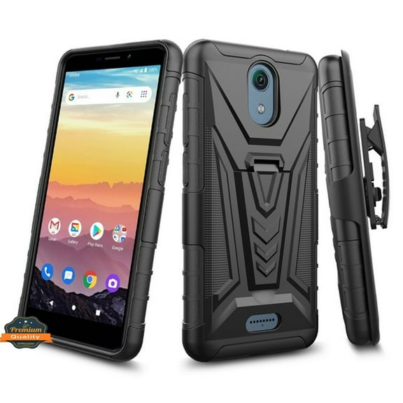 For Cricket Vision 3 Hybrid Armor Kickstand with Swivel Belt Clip Holster Heavy Duty 3in1 Stand Defender Shockproof Rugged Phone Case Cover by Xpression [Black]