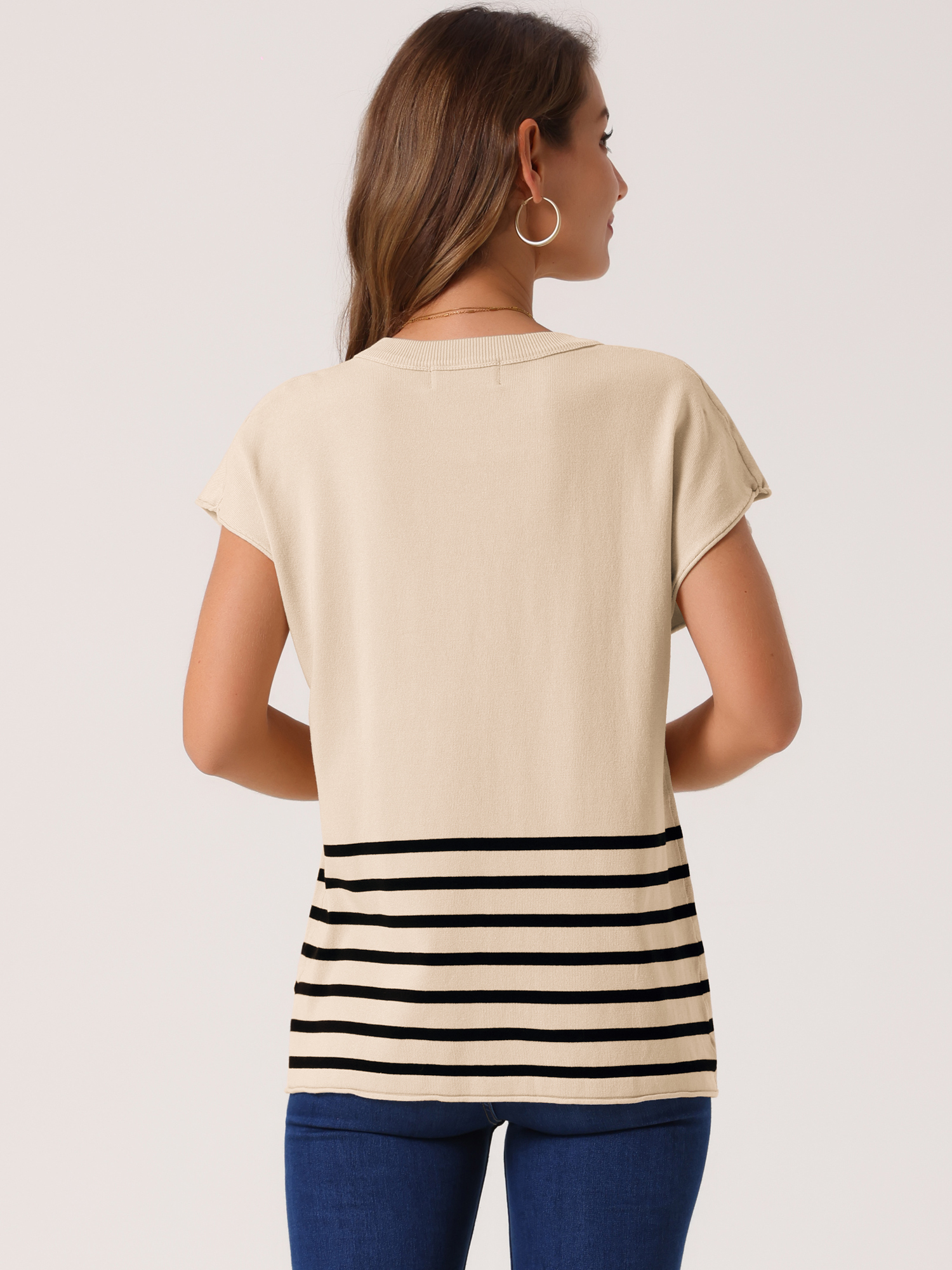DARING DIVA Sleeveless Round Neck Striped Sweater Vest Cap Sleeve 2XL Apricot