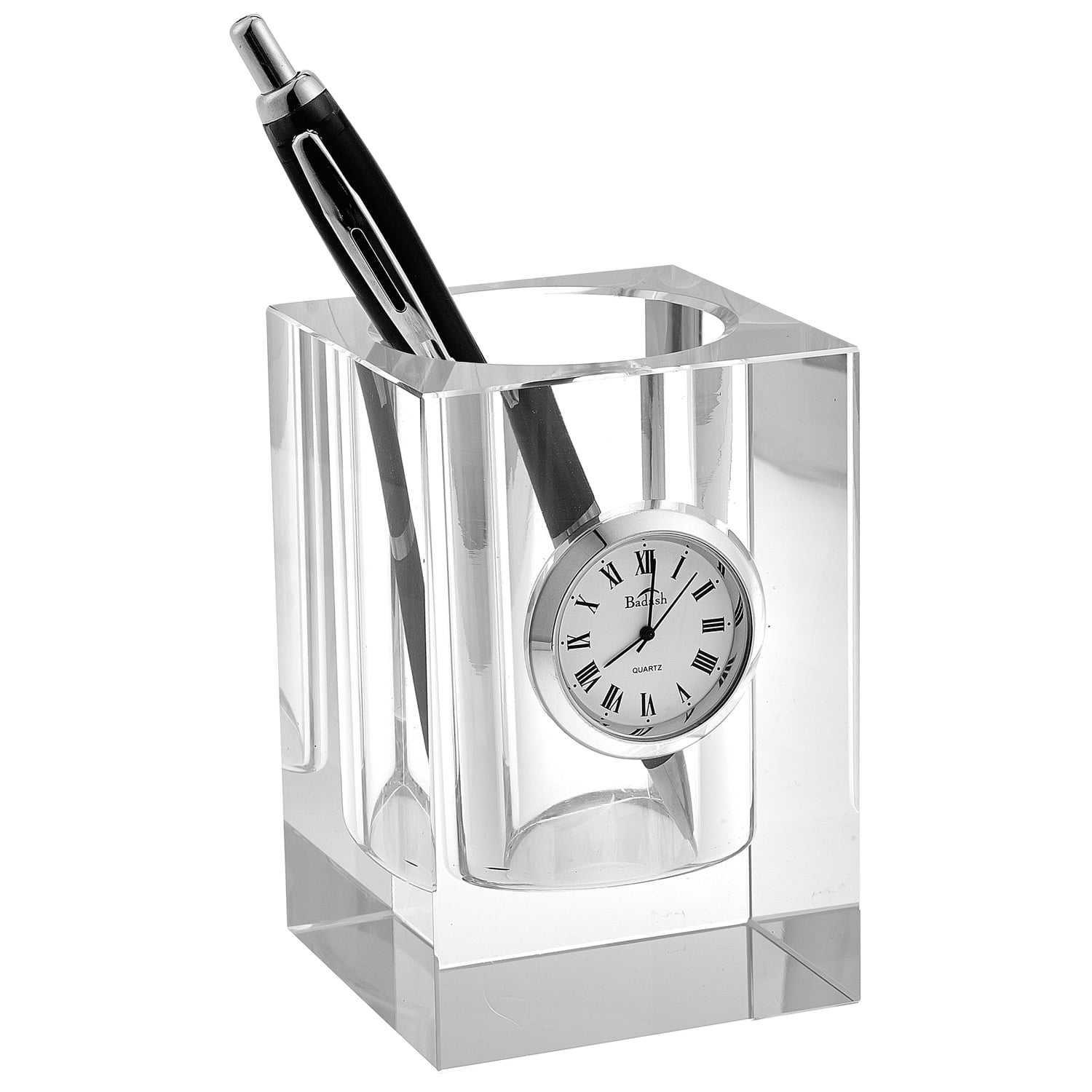 Crystal Pen or Pencil Holder with Clock 3.5"