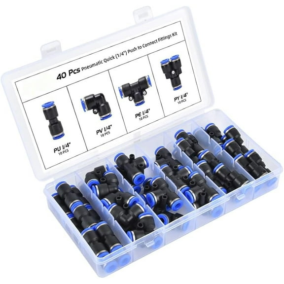 40Pcs Quick Connect Air Hose Fittings 1/4 inch OD 15 Spliters,15 Elbows,15 tee,15 Straight Quick Release Pneumatic Push to Connect Fittings Kit Air Line Fittings for 1/4 inch Tube