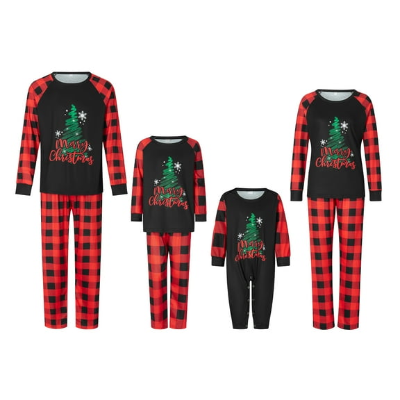 Elippeo Family Matching Christmas Pajamas, Baby Romper/Letter Christmas Tree Print Long Sleeve Tops Plaid Pants Sleepwear Set