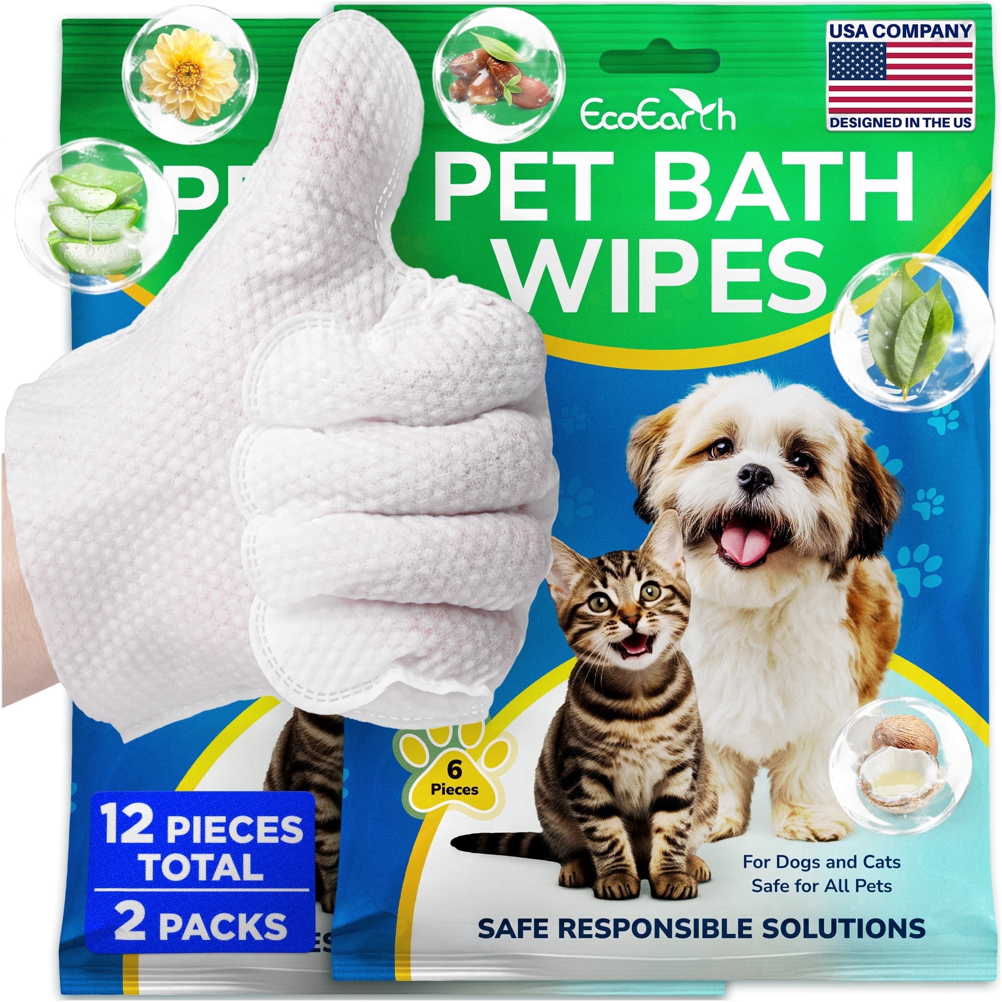 EcoEarth Pet Grooming Wipes for Dogs & Cats, Washing Gloves for Bath Cleaning, 12 Pc
