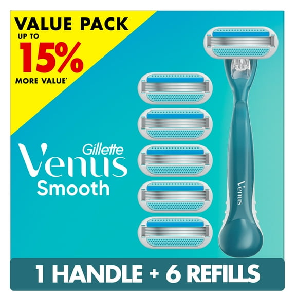 Venus Smooth Razor for Women, 3 Blades, Manual Razor, Handle and 6 Razor Blade Refills, Blue
