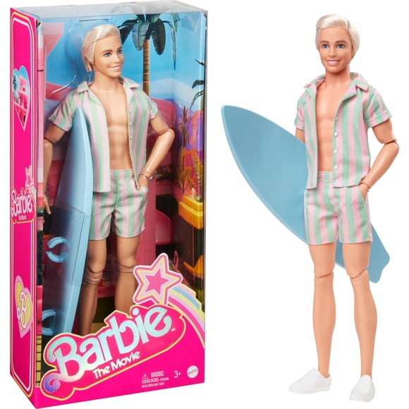 Barbie la Poupée Ken du Film, Ensemble Assorti de Plage à Rayures Pastel Rose et Vert de Collection avec Planche de Surf et Espadrilles Blanches