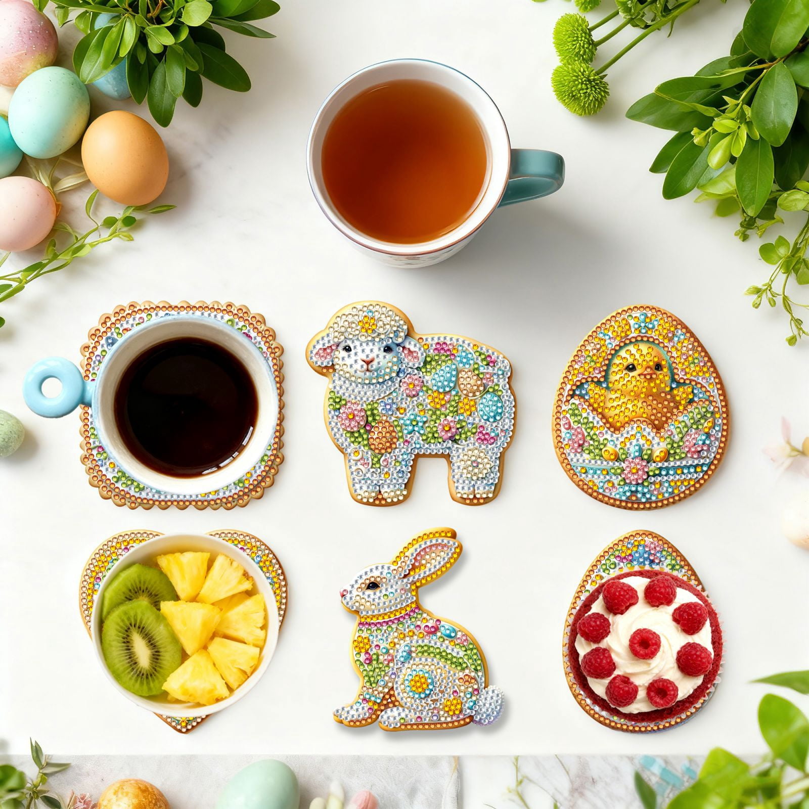 FLOPESN 6Pcs Easter DIY Diamond Art Coasters Kits, Creative Irregular Shape Wooden Desktop Decoration Gift Coasters -Easter Cookies