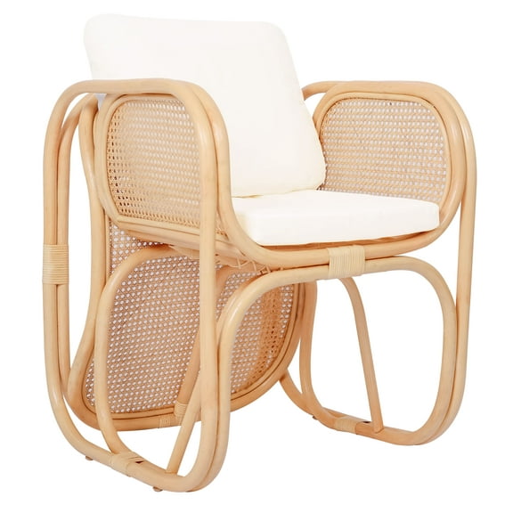 Natural Rattan and Beige Fabric Armchair Exotic Boho Living Room