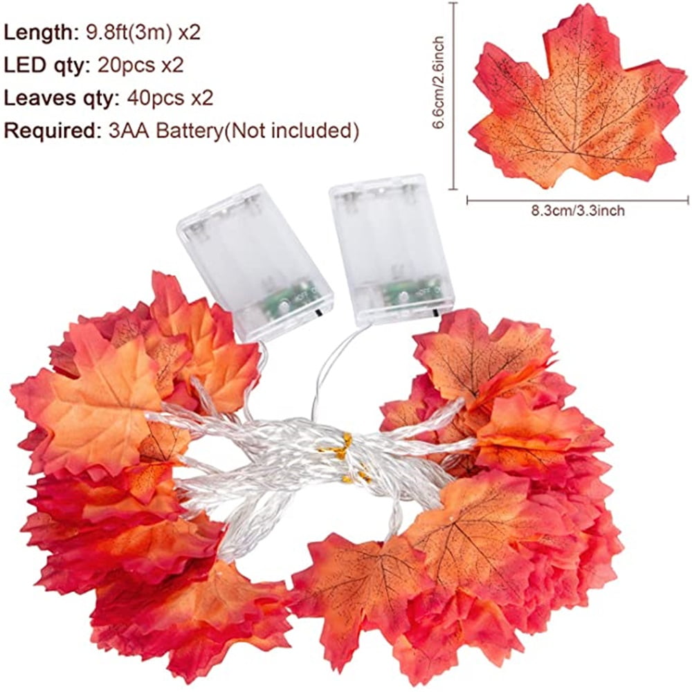 Kepooman 2 Pcs Holiday Decor Garland for Home, 9.8Ft Waterproof Fall String Lights Maple Leaf Garland, Orange