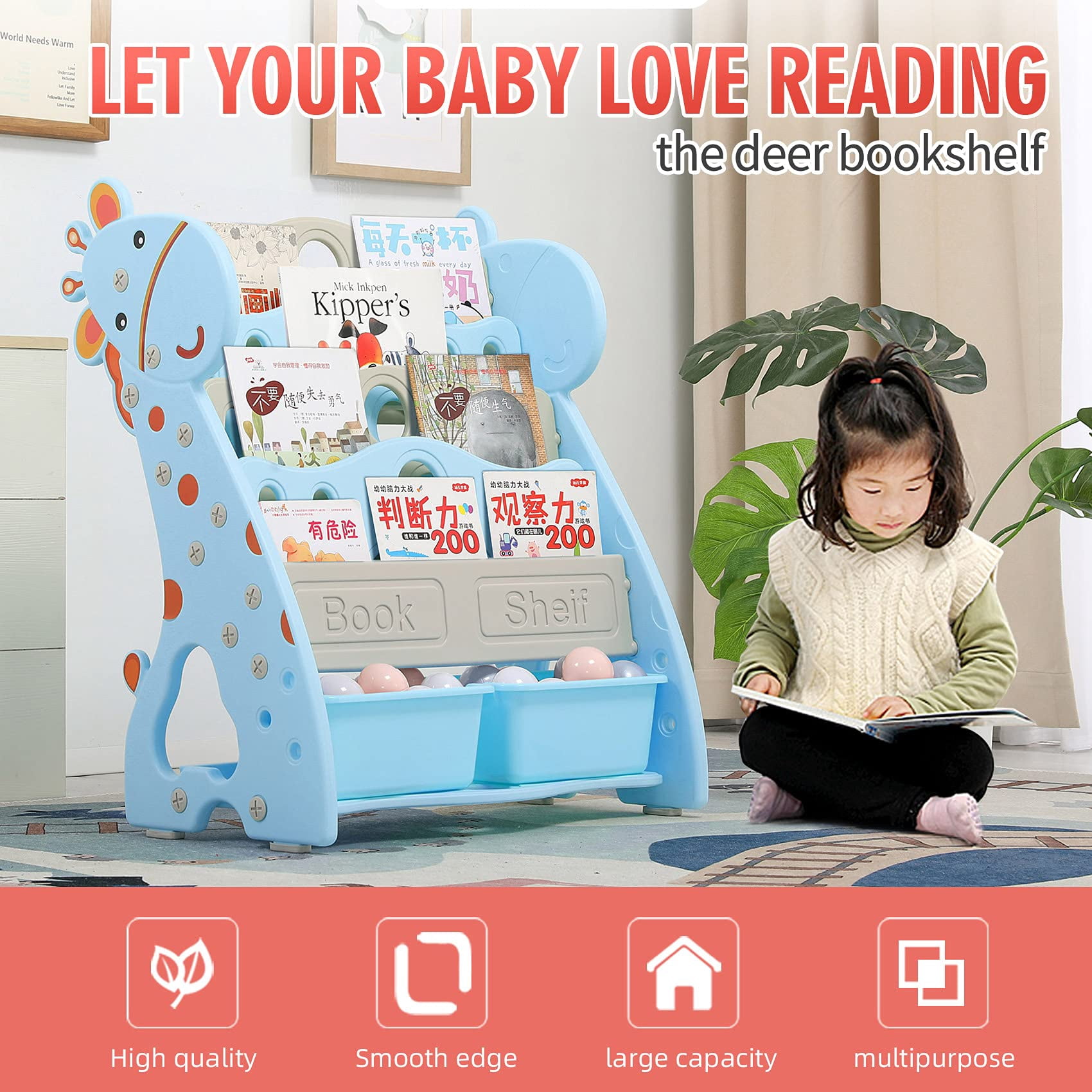 UNICOO® Toddlers Plastic Multi-Layer Bookshelf for Child's Bedroom Playroom, Toy Storage Organizers with 2 Storage Boxes, Children Bookshelf (Light Blue)