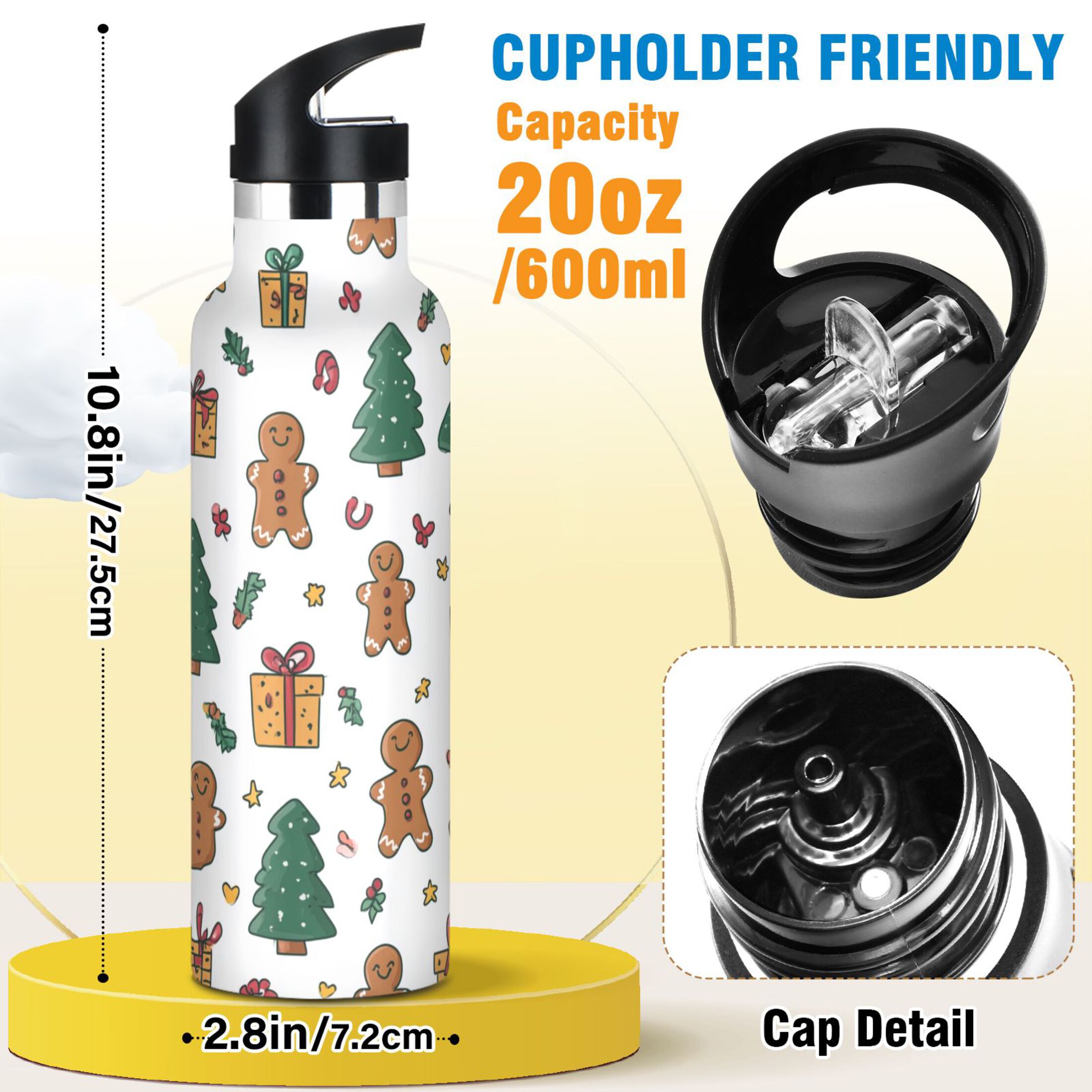 600ML Stainless Steel Insulated Cup Sports Water Bottle Portable Thermos Cup Water Glasses Insulated Tumblers Convenient and Durable Warm Christmas Pattern
