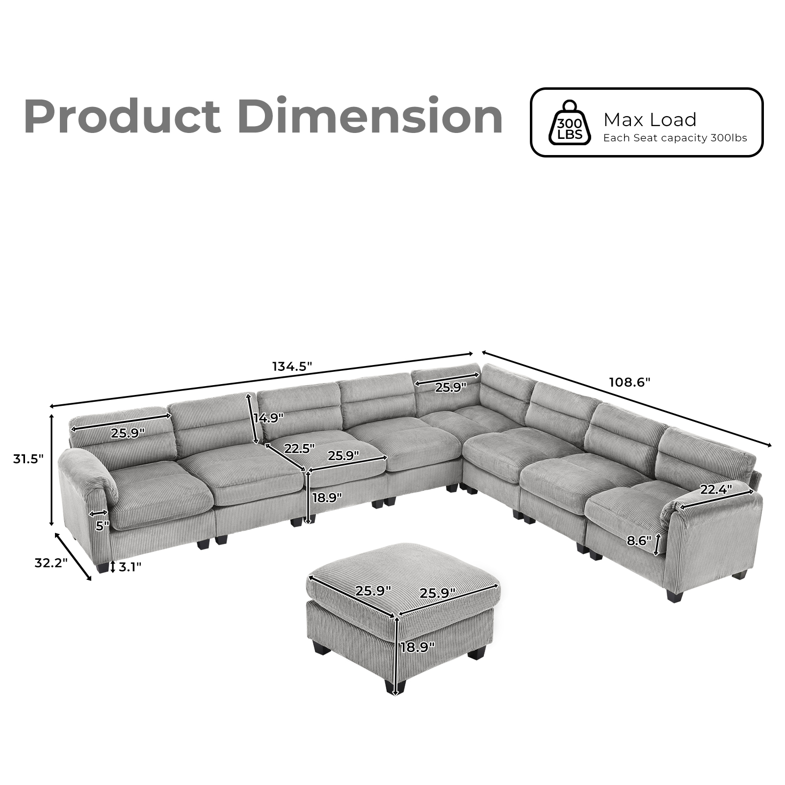 Bonzy Home Convertible Sectional Sofa With Ottoman, Ultra‑Comfort Seating – Configurable for Living Room & Family Room, Gray