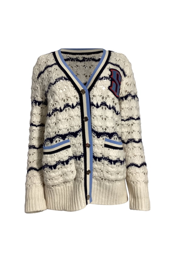 Pre-Owned Sandro Paris Knitted Ludvik Logo-Patch Cardigan in Cream Wool