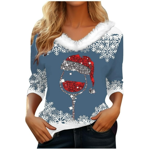 Women Christmas Outfit Women's Autumn Winter V Neck Long Sleeve T-Shirt with Festive Holiday Print Design for Casual Wear Blue 2XL
