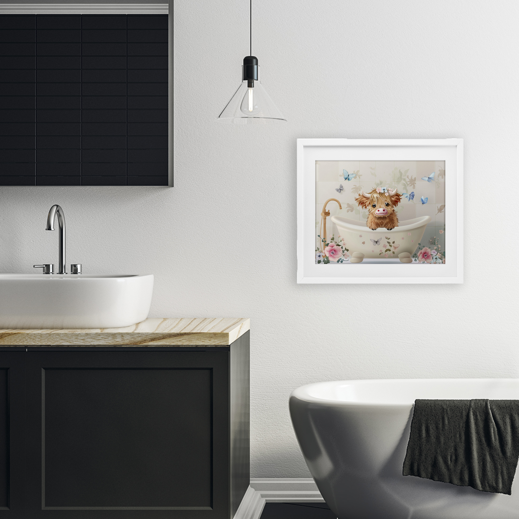Baby Cattle in Floral Tub White Framed Print Under Glass, design by Shawna Stewart