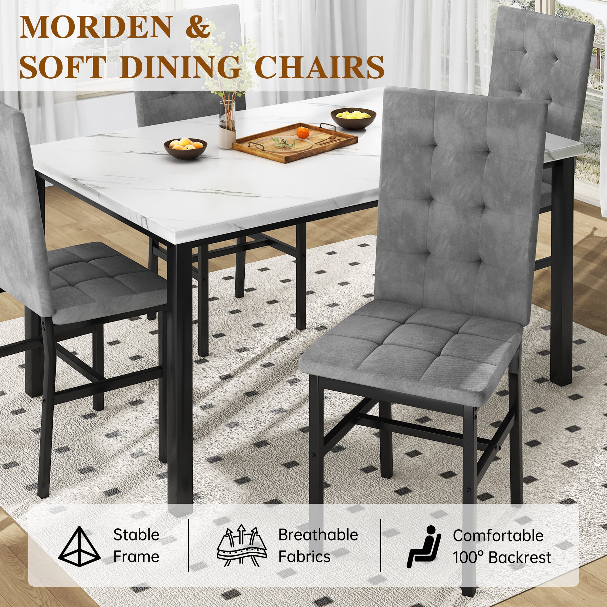 Baxluxe 4-Person Dining Table Set for 4, 5 Pieces Faux Marble Kitchen Table and Chairs Set, Rectangle Dining Table with 4 Tufted Velvet Dining Chairs, Modern Dinette Set for Breakfast Nook, Gray