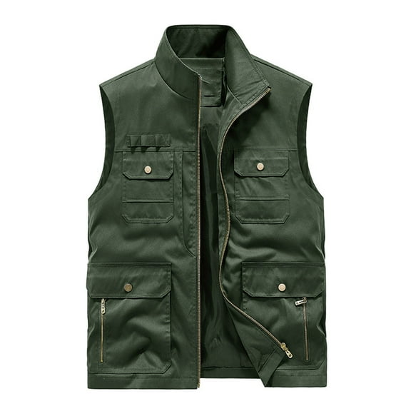 hopeusince Men's Sleeveless Zip-Up Stand Collar Multi-Pocket Vest Photographer Waistcoat Jacket Army Green L