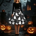 thumbnail image 5 of Karymi Dresses for Women Halloween Print Swing Midi Dress, Solid Crew Neck Long Sleeve Satin Bow Waist Vintage A Line Party Costume Dress Maxi Dresses for Women, 5 of 6
