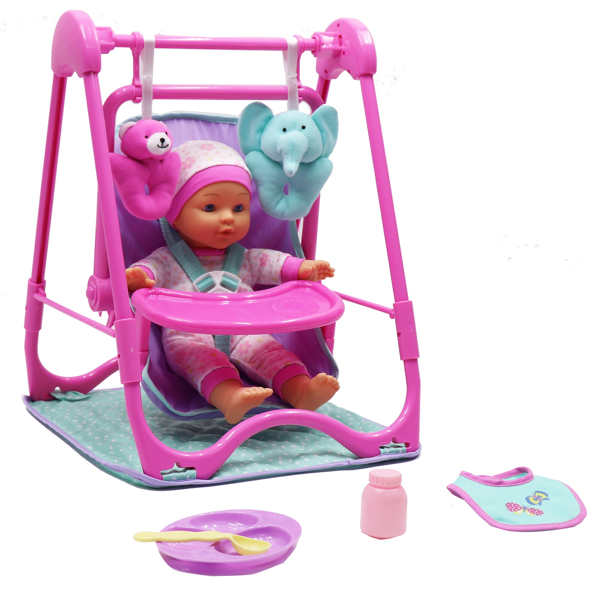 Dream Collection: Baby Doll 4-In-1 High Chair Play Set - Pink & Teal - 12" Doll, Hand-Held Carrier, Feeding Accessories, Realistic Play, Kids Ages 2+